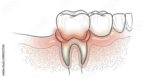 Medical illustration of a tooth with gum inflammation and bone recession.