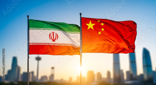 Iranian and Chinese Flags Waving Against Clear Blue Sky with City Skyline at Sunset