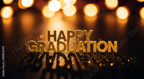 Golden glitter letters spell out happy graduation with bokeh lights text lettering