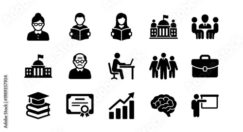 Education and business icons set, 15 black vector symbols for academic learning and professional development, university and office career collection