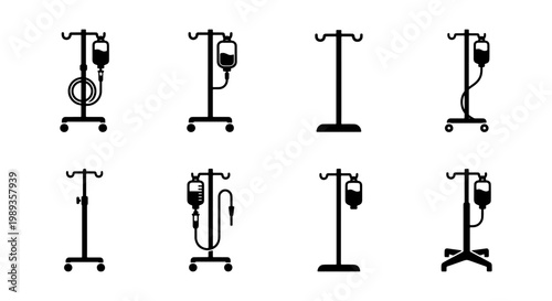 Medical IV pole icons set, hospital intravenous drip stand vector collection, black silhouette saline bag equipment for healthcare infographics