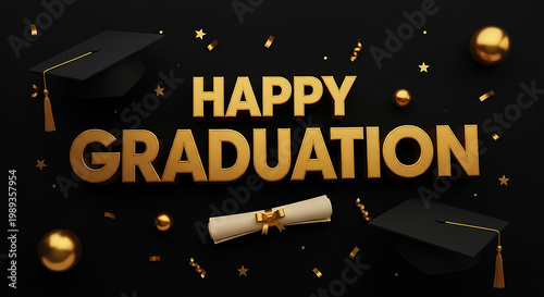 Golden happy graduation text with caps and diploma on black