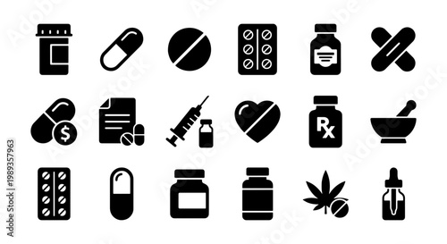 Medical pharmacy icon set, 18 black solid medicine symbols, healthcare pill and drug bottle vector collection, clinical laboratory equipment graphics