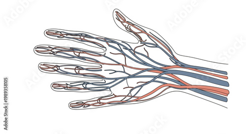 Anatomical illustration of the human hand showing arteries and veins.