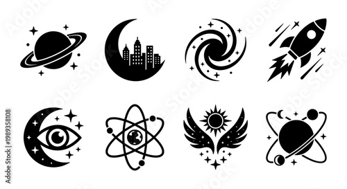 Celestial space icons set, 8 black vector astronomy symbols, mystical galaxy and rocket ship graphics, cosmic moon and planet illustrations for UI design