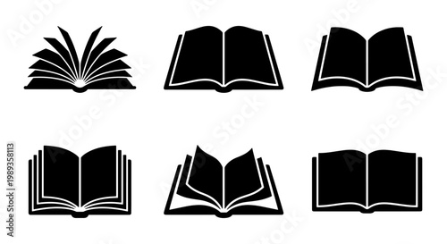 Minimalist open book icon set, 6 black silhouette book symbols for education and reading, flat vector library and literature graphic elements