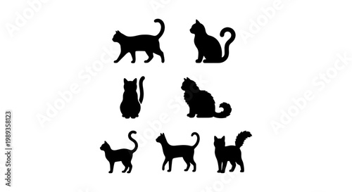 Black cat silhouette collection, set of 7 feline vector icons in various poses, domestic pet animal shapes for logo design and graphic projects