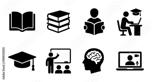 Education and learning icon set, 8 black vector symbols for school and university, academic study and online training graphics for web design