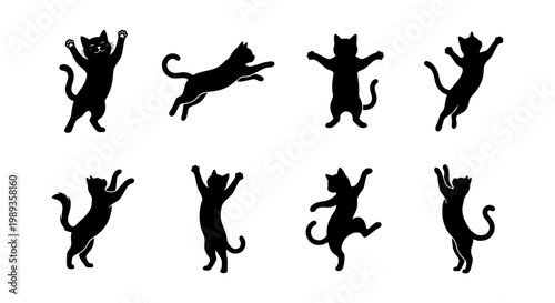 Black cat silhouette collection, set of 8 jumping and dancing kitten vectors, playful feline silhouettes in active poses for pet branding