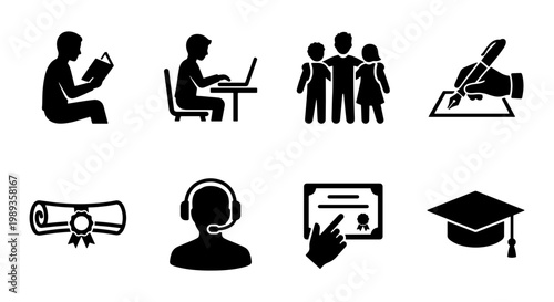 Education and learning icon set, 8 black solid vector symbols for school and university, student studying and graduation diploma elements