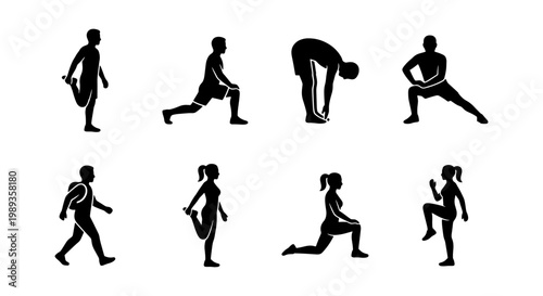 Athletic stretching silhouettes set, 8 fitness exercise icons of men and women warming up, black workout poses for gym and sports training infographics