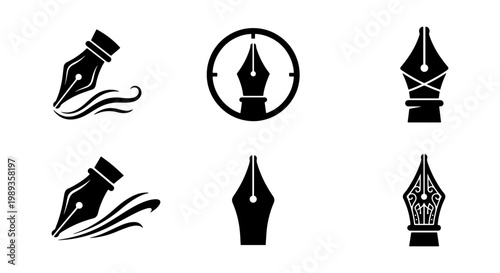 Minimalist fountain pen nib icons, set of 6 black ink pen tip vectors, elegant calligraphy and writing tool symbols for branding and logo design
