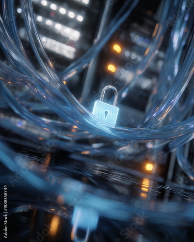 Glowing padlock above complex network infrastructure, symbolizing data security and digital protection