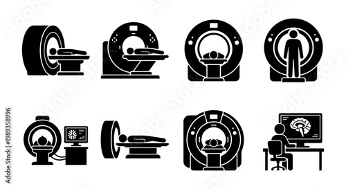 Medical MRI scanner icon set, magnetic resonance imaging equipment vector collection, hospital radiology diagnostic machine symbols for healthcare