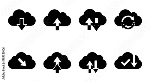 Minimalist cloud computing icons, set of 8 black vector silhouettes, data transfer and storage symbols for web design and app interfaces