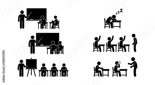 Classroom education stick figure icon set, teacher and student learning silhouettes, school lesson and classroom behavior vector collection