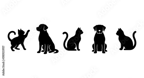 Minimalist black cat and dog silhouettes set, 5 pet animal vector icons, flat domestic kitten and puppy shapes for veterinary clinic branding