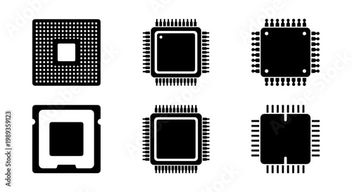 Computer processor icon set, 6 black vector CPU microchip symbols, electronic hardware components for technology design, digital circuit board elements