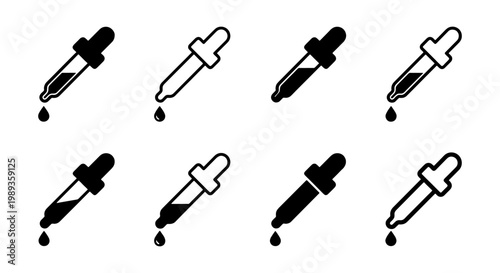 Minimalist dropper icon set, 8 black and white pipette vector symbols, medical laboratory liquid tools, skincare and essential oil dropper graphics