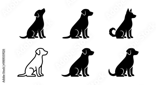 Minimalist dog silhouette icons, black and white puppy sitting vector set, canine pet animal profile graphics for logos and branding