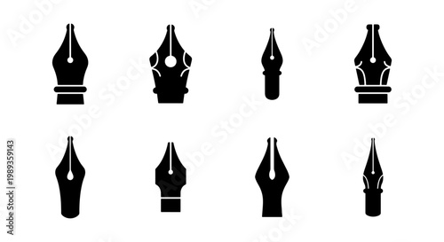 Vintage fountain pen nib icons set, black ink pen tip silhouettes, 8 classic calligraphy nib vector elements for writing and stationery design