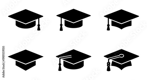Graduation cap icon set, black academic mortarboard vector collection, 6 university student hat symbols, educational achievement and degree ceremony graphics