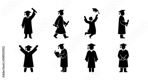 Graduation student silhouette icons set, university graduates in academic gowns and caps, 8 black vector figures celebrating commencement ceremony