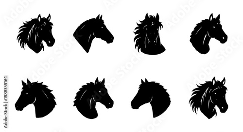 Black horse head silhouettes set, 8 equine profile vector icons, minimalist stallion and mare portraits, equestrian sport logo design elements