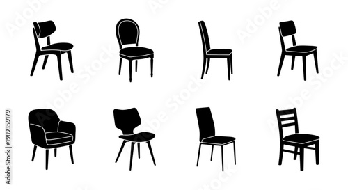 Modern chair silhouette collection, set of 8 furniture icons, black minimalist seating vector elements for interior design and home decor layouts
