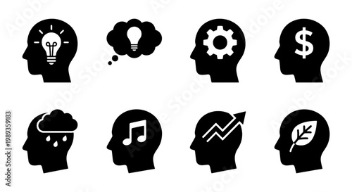 Minimalist human head profile icons, mental health and psychology concept symbols, set of 8 black vector silhouettes for business and education