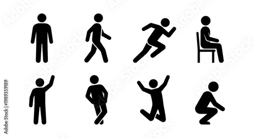 Stick figure person action icons set, black human silhouette symbols in various poses, 8 vector man pictograms for signage and infographics
