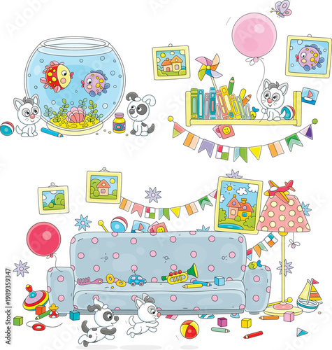 Frolicsome little kitten and puppy watching aquarium fishes, playing in a playroom, running and jumping with a small ball, a set of vector cartoon illustrations on a white background