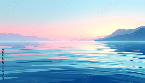 Calm water mountain sunrise reflection tranquil blue pink Calm water with mountain reflection