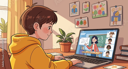 Young woman working on laptop at desk in home office illustration