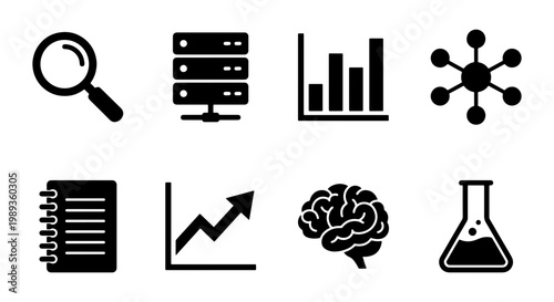 Data analysis and science icons set, 8 black vector symbols for business intelligence, research and technology infographics