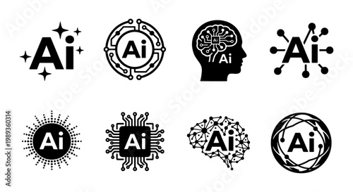 Artificial intelligence icon set, 8 black vector AI symbols, machine learning and neural network logos, digital brain and circuit chip graphics