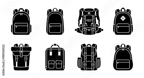 Backpack icon set with 8 black vector silhouettes, school bag and travel rucksack collection, hiking and camping gear equipment icons