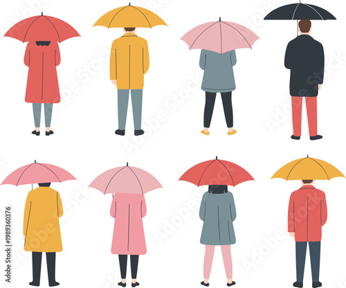 People with umbrellas walking in rain wearing coats rainy weather protection autumn season flat illustration set isolated background