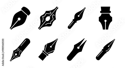 Vintage fountain pen nib icons, set of 8 black ink pen head vectors, antique calligraphy nibs for writing and drawing, classic stationery design elements