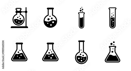 Laboratory glassware icon set, black chemistry flask and test tube vector collection, scientific research equipment symbols for education and medicine