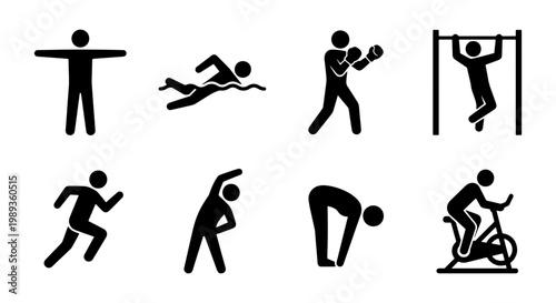 Fitness and sport icons set, black stick figure athlete silhouettes, 8 workout and exercise vector symbols for gym and wellness infographics