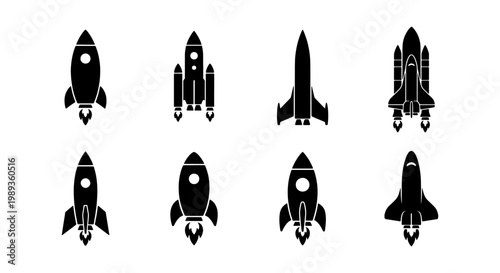 Black rocket ship icon set, flat vector spaceship silhouettes, 8 space shuttle and rocket launch symbols for startup business and technology projects