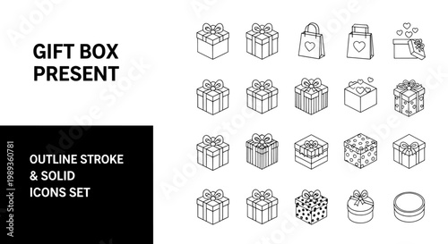 Gift box vector icon set with present and shopping bag symbols
