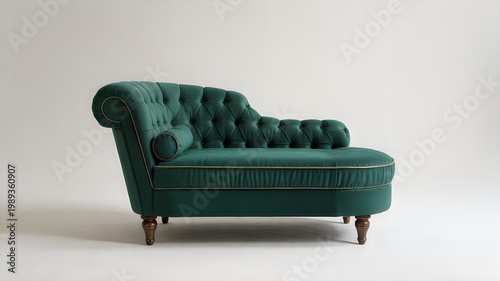 Green velvet chaise lounge chair with wooden legs and tufted backrest and armrest