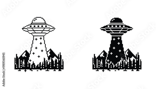 UFO Pixel Art Icon Alien Beam Retro Game Interface