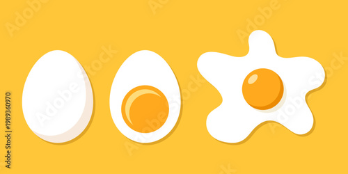 Fried and boiled eggs icon set collection in flat style. Protein breakfast vector illustration on isolated background. Chicken eggs sign business concept.