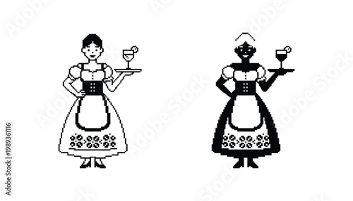 Pixel Art Waitress Serving Drinks Hospitality Icon
