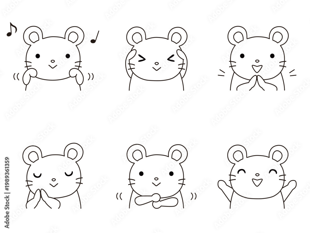 Obraz premium 手遊びをするネズミのイラストセット 線画