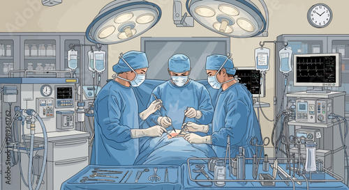 Surgeon and medical team performing surgery in operating room with X ray equipment