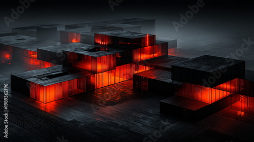 High-tech isometric office complex with glowing red modular cubicles in a futuristic setting